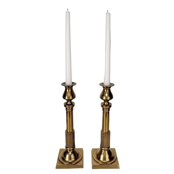 Vintage 60s 70s MCM Heavy Solid Brass Gold Tapered Candle Holders Made In Japan - Picture 4 of 12